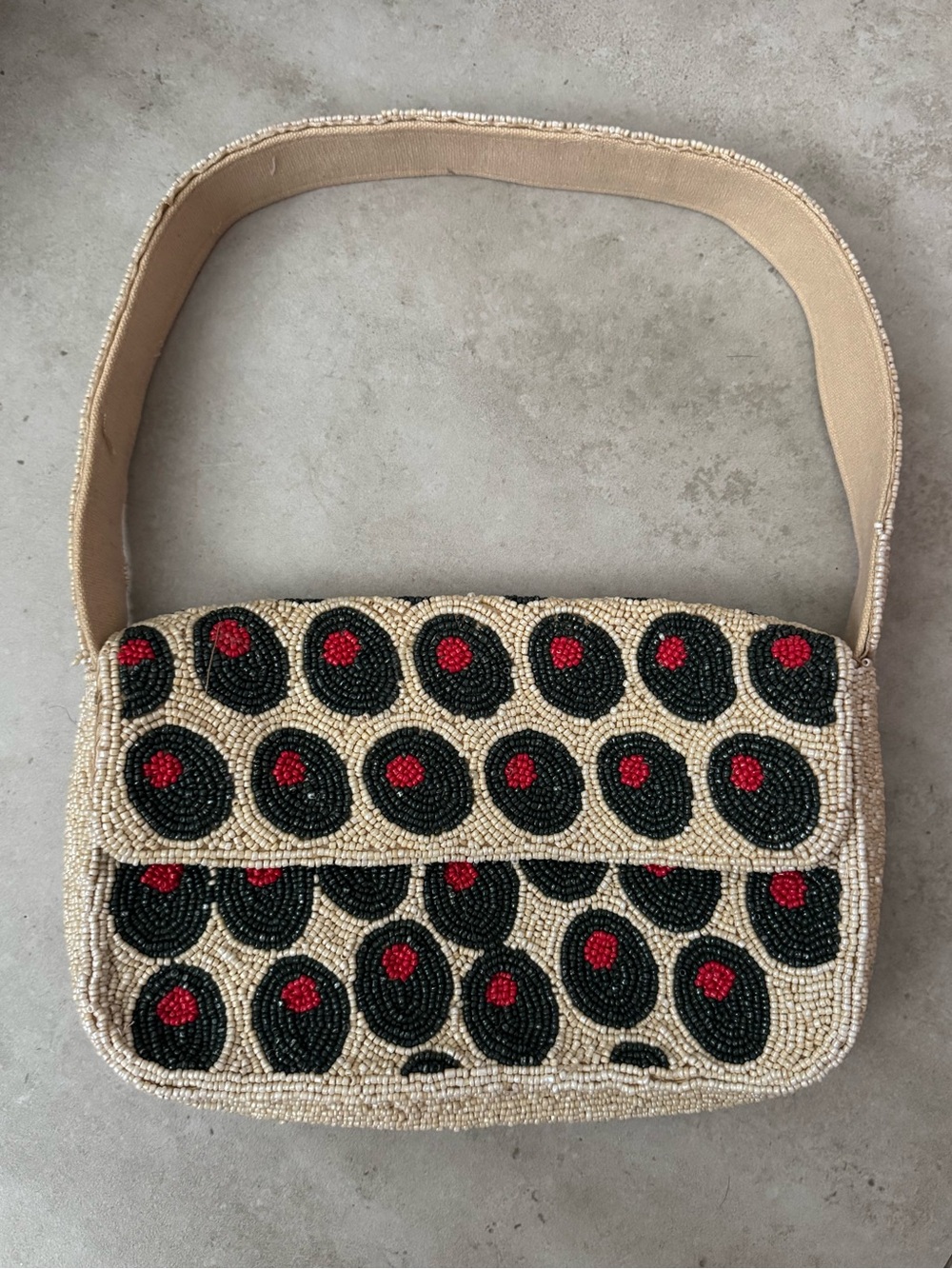 Beaded Cream Shoulder Bag with Olive Pattern